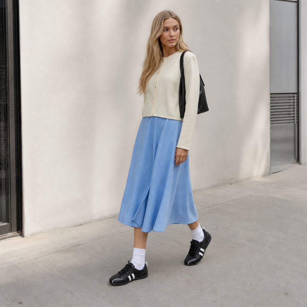Ballerine nere stringate indossate in un outfit da strada