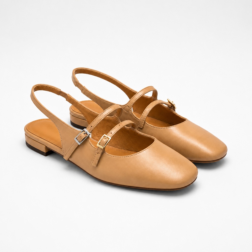 Ruskea kaksoishihna Mary Jane flats valkoisella pohjalla