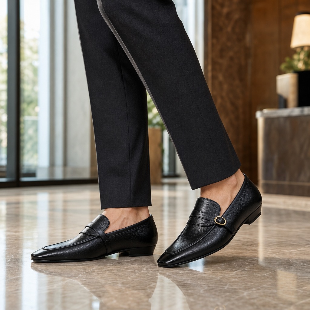 Black slip-on loafers worn in a casual lifestyle scene