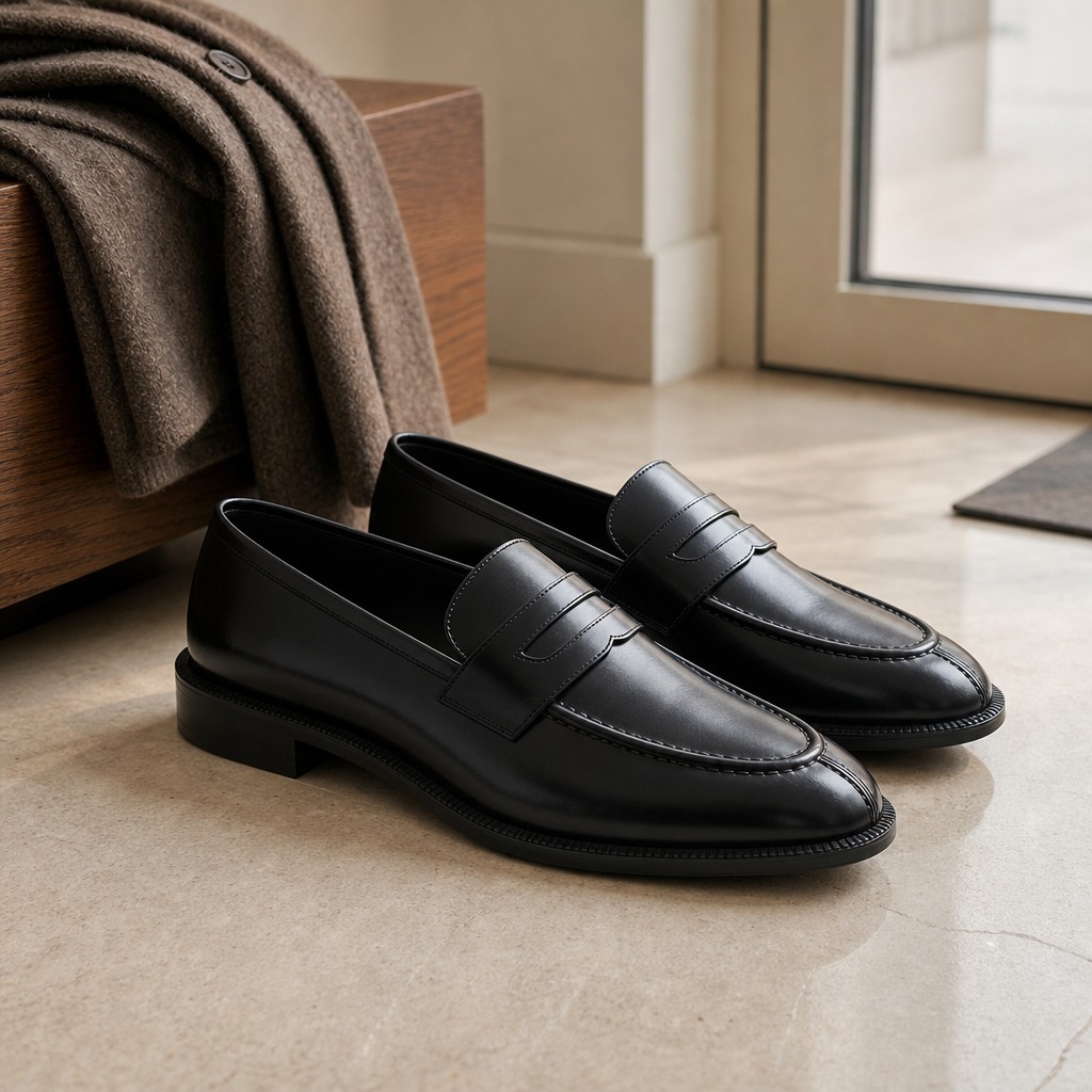 Black loafers in an indoor lifestyle setting near furniture