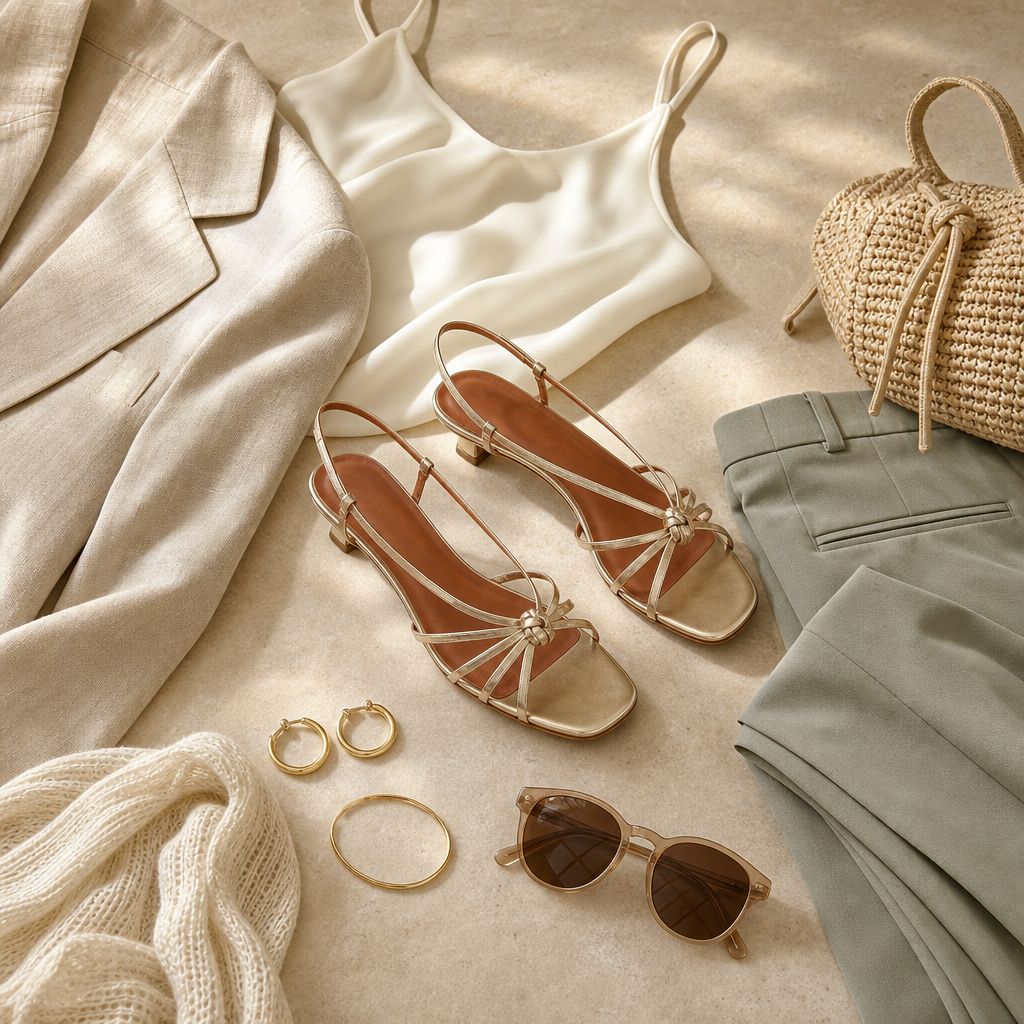 Gold sandals arranged with summer outfit accessories