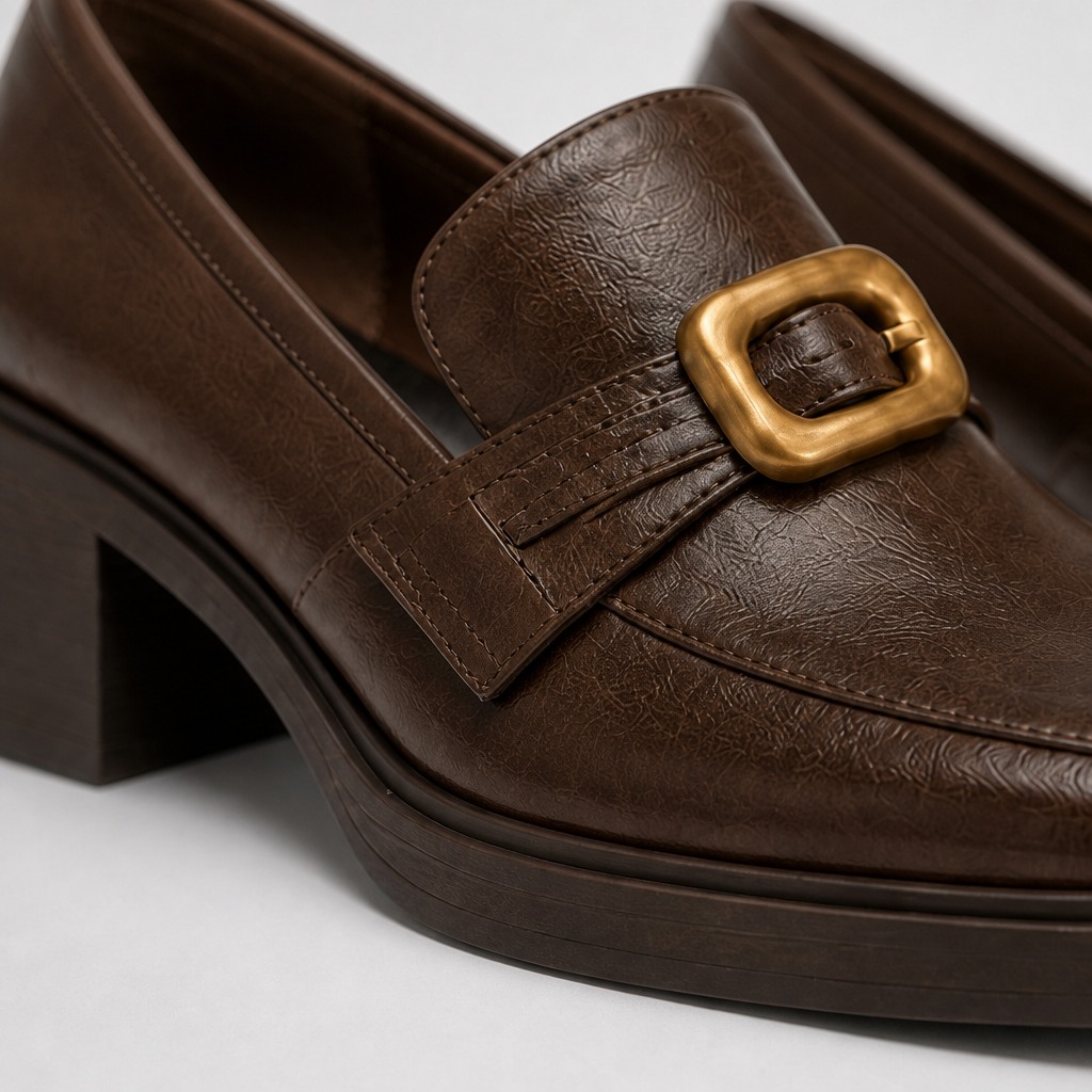 Gros plan sur la texture du cuir marron d'un mocassin, sa semelle plateforme surpiquée et sa boucle dorée