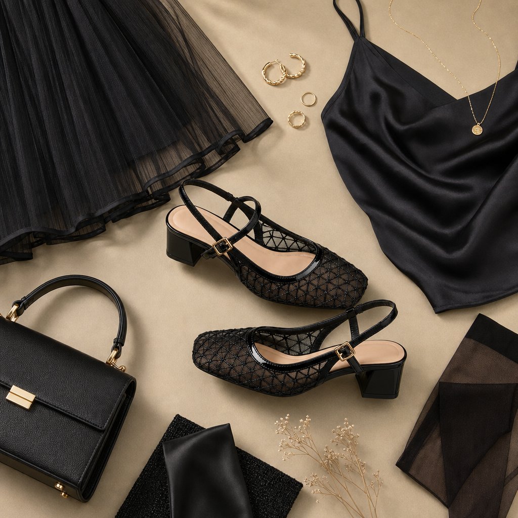 Sapatos slingback pretos estilizados com roupas e acessórios