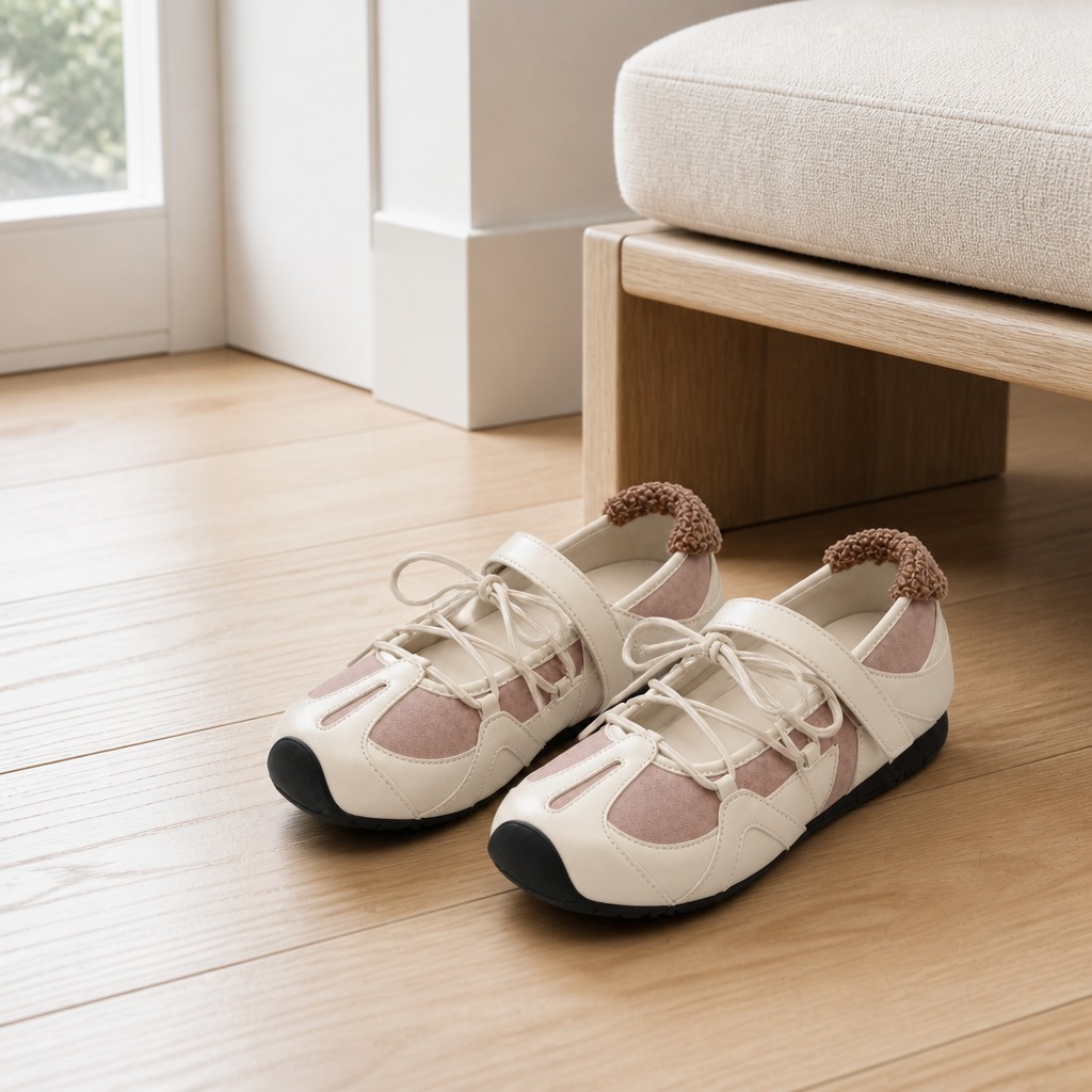 Ballerine sportive posizionate su un pavimento in legno in un ambiente interno dedicato allo stile di vita.