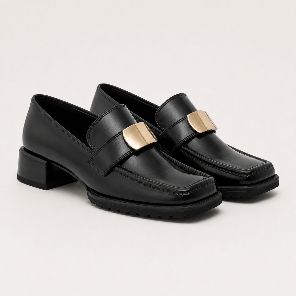 Paire de mocassins noirs à talons avec semelle crantée et boucle décorative