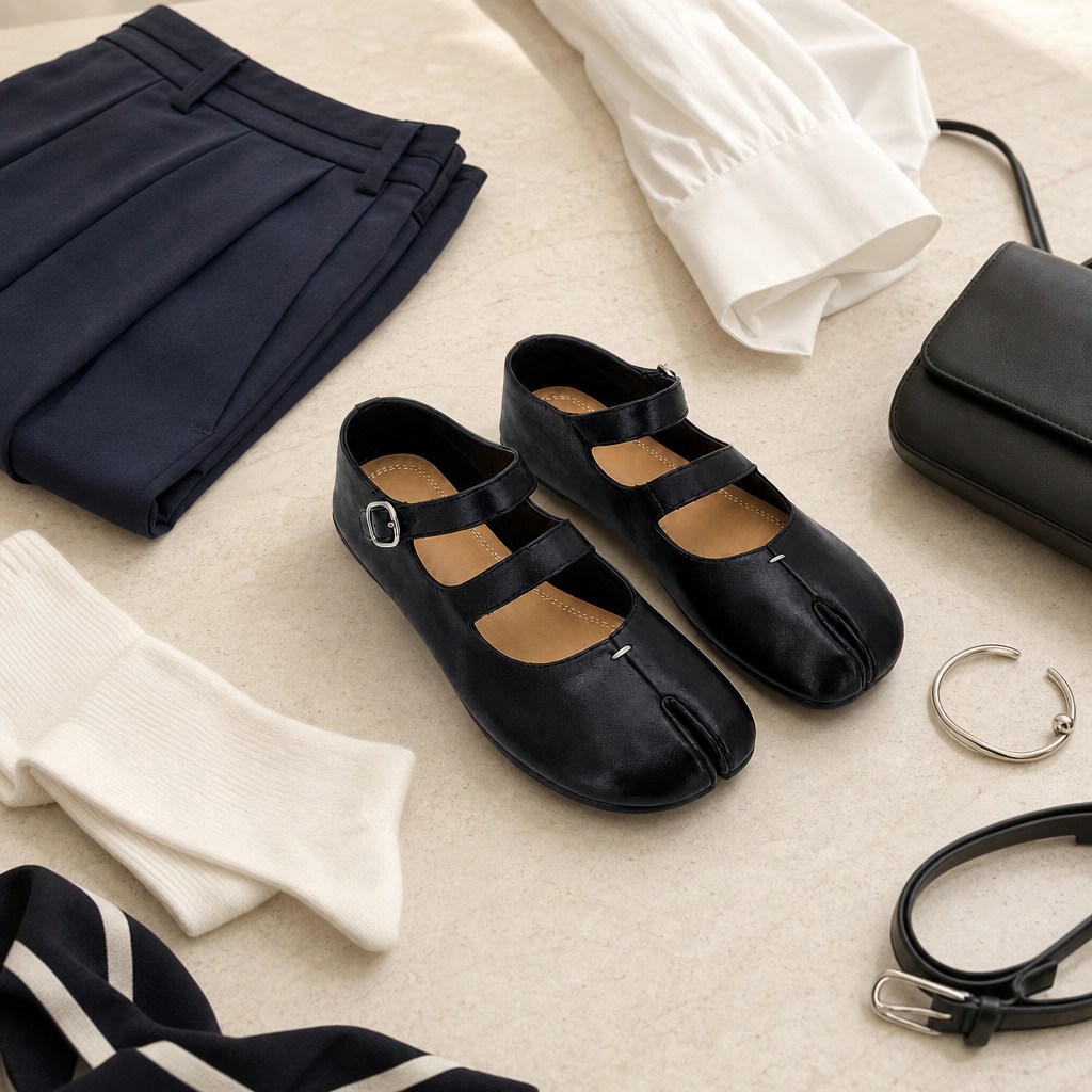Flat lay kohtaus mustilla halkaistun varpaisilla Mary Jane -asuilla ja asusteita