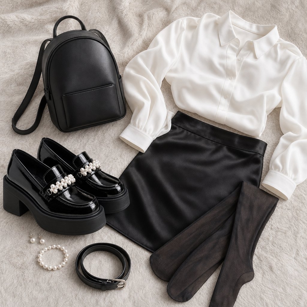 Tenue à plat composée de mocassins vernis et d'accessoires