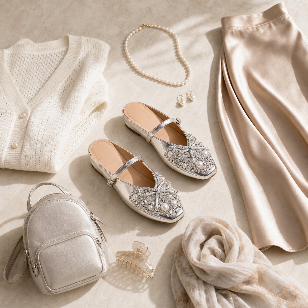 Silver sandals flat lay with feminine accessories