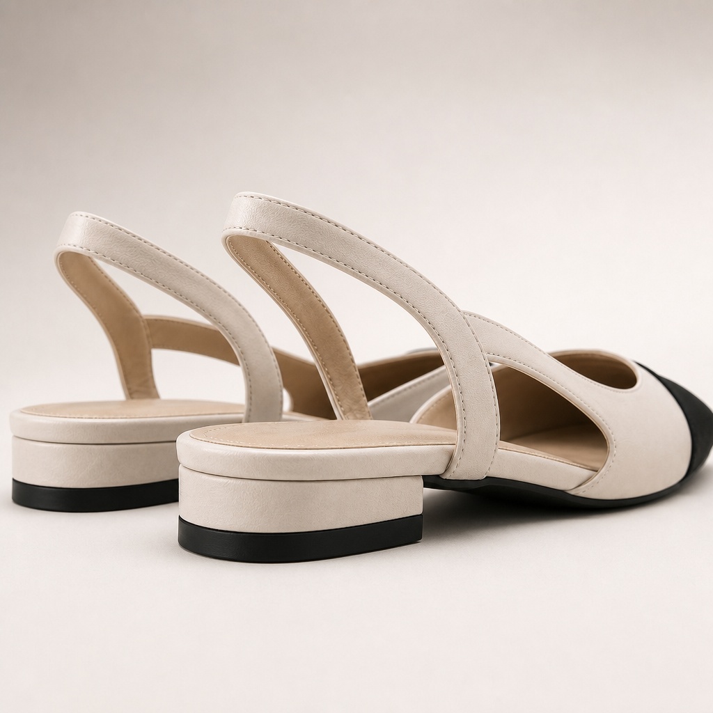 Rear and side detail of the slingback flats showing strap, sole, and patchwork construction
