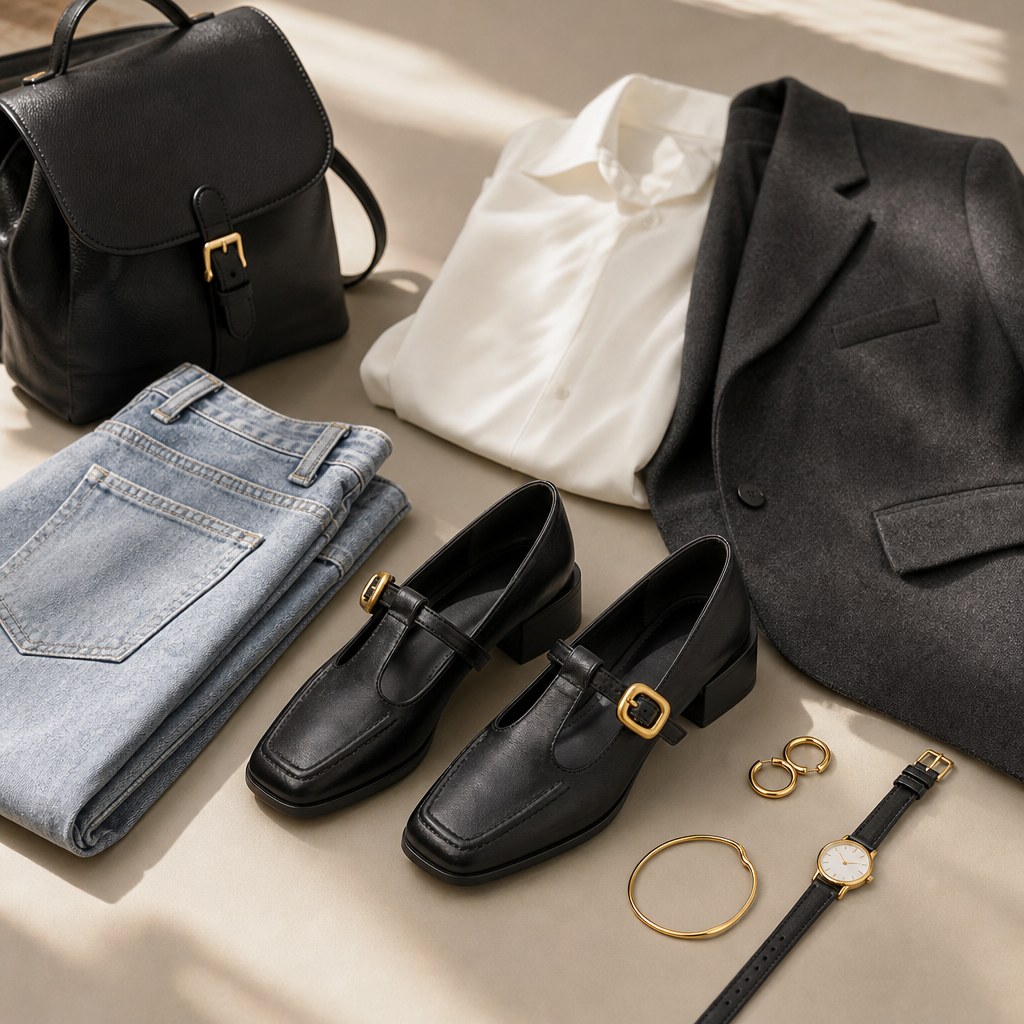 Chaussures noires à boucle stylisées avec des accessoires dans une scène à plat