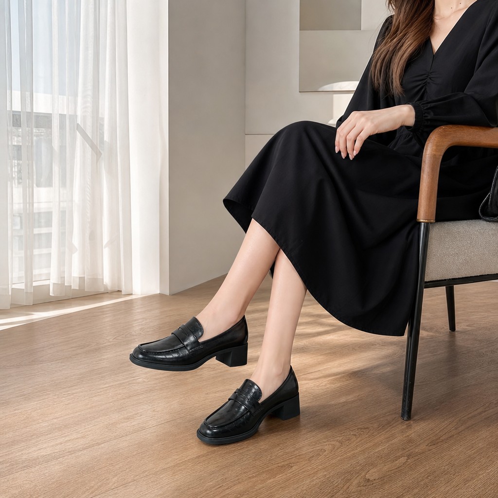 Mocassins noirs portés en position assise à l'intérieur