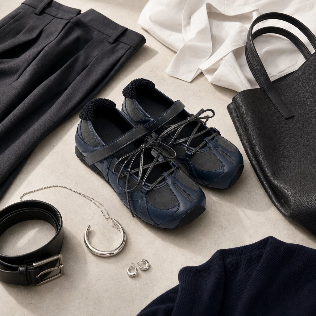 Ballerine sportive scure abbinate ad abbigliamento e accessori