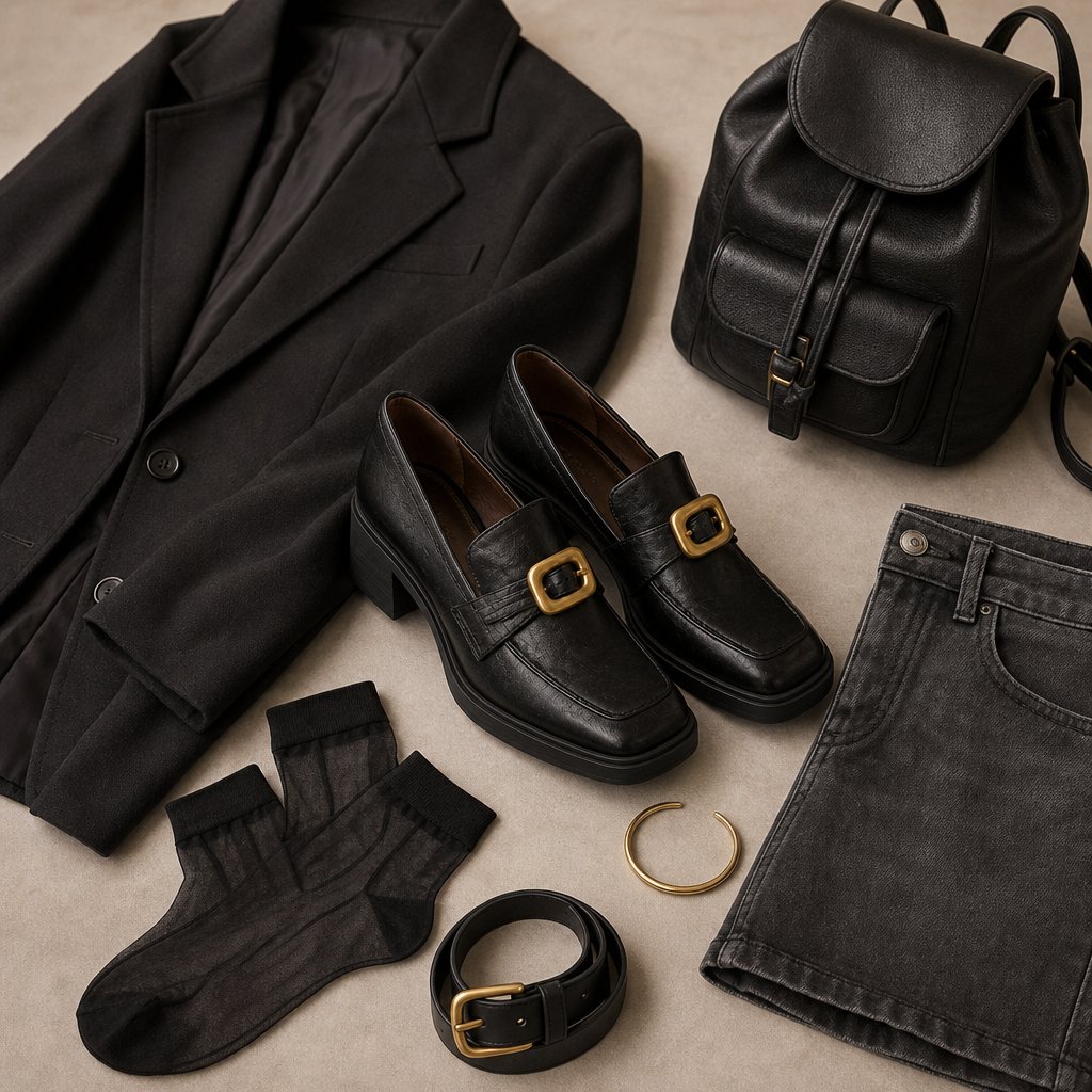Mocassins noirs à talons carrés, présentés à plat avec accessoires