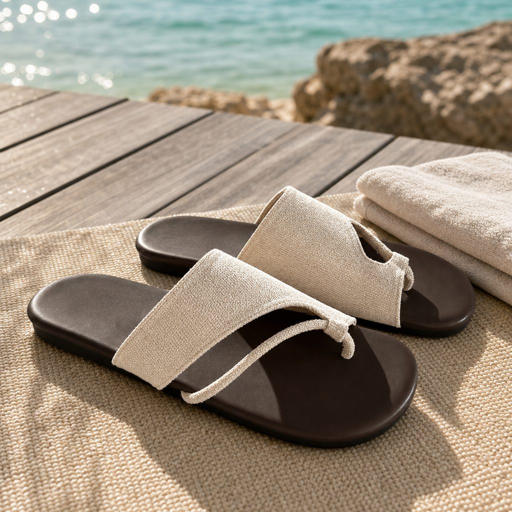 Sandalias ligeras en una terraza junto a la playa.