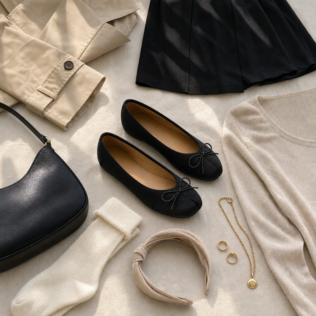 Composizione di un outfit con ballerine nere semplici, vista dall'alto.