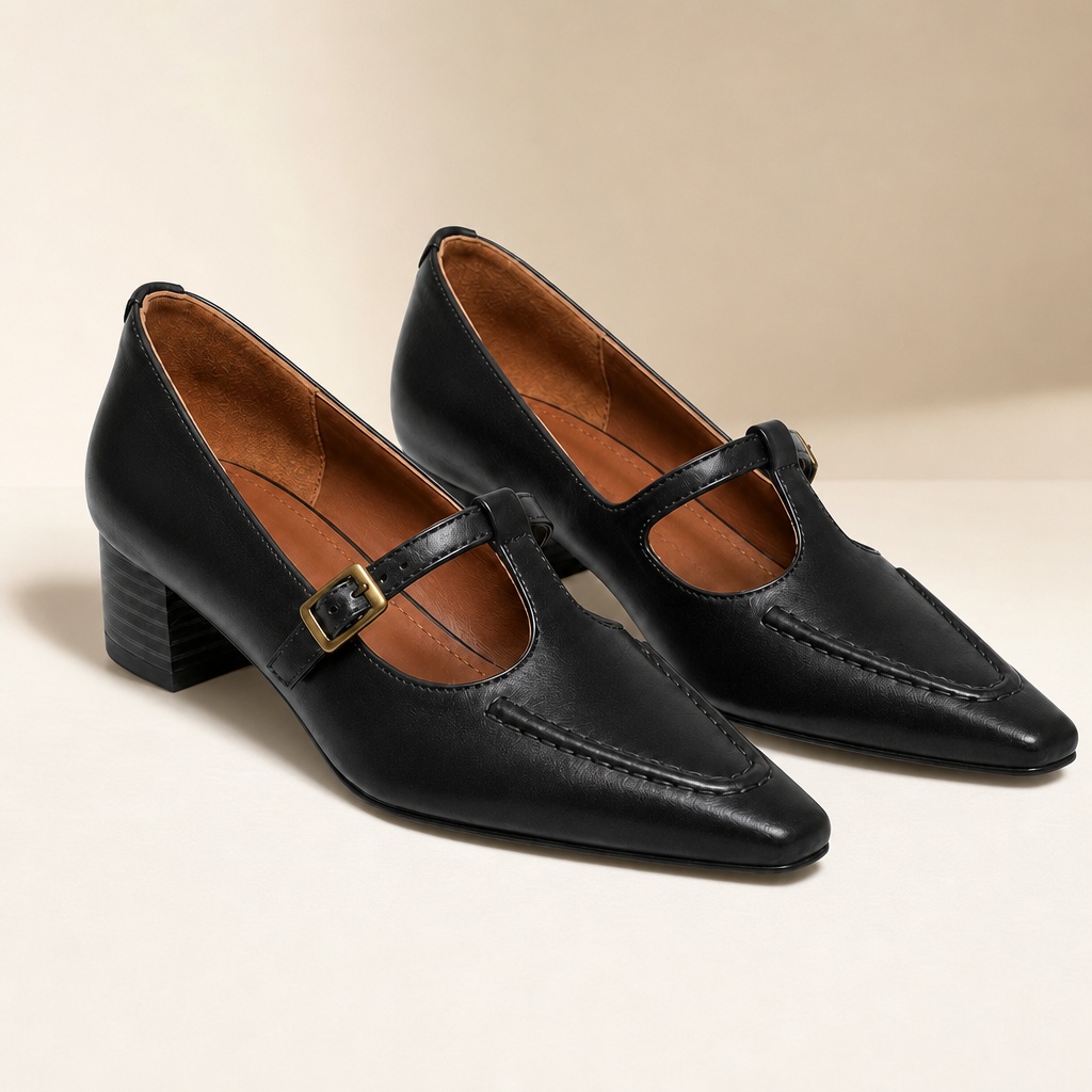 Sapatos sociais pretos com fivela vintage e salto baixo, visualização completa do produto