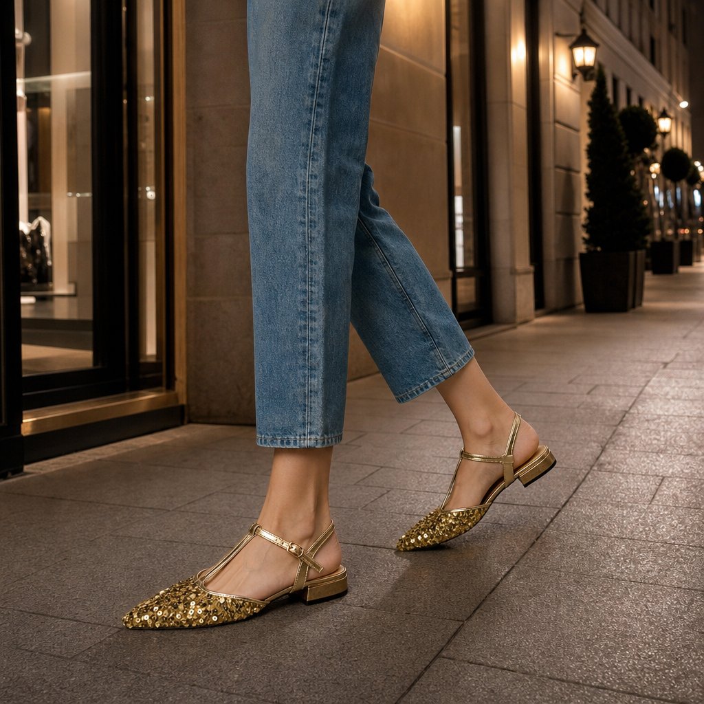 Gold sandals worn with jeans in a street lifestyle scene
