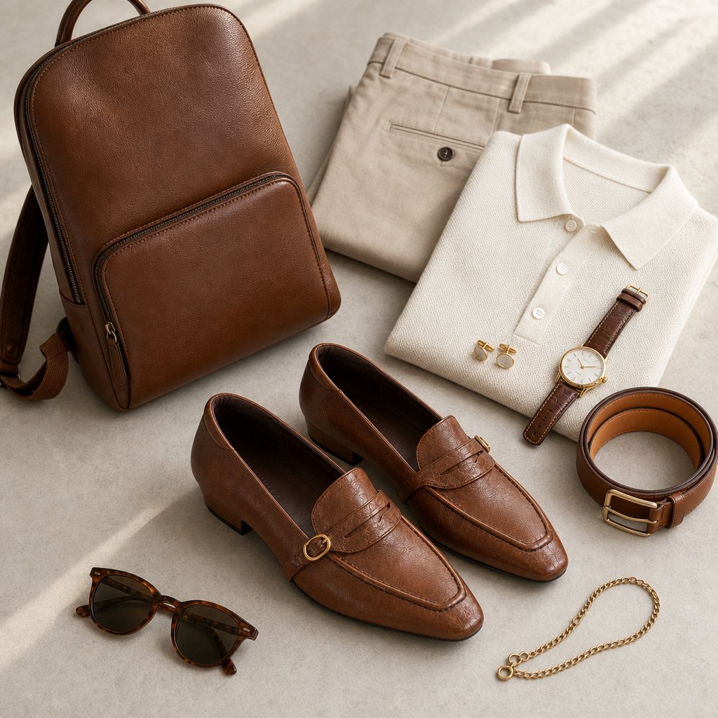 Brown loafers shown with apparel and accessories