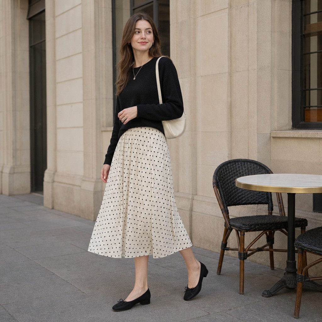 Scena di vita quotidiana in un caffè all'aperto con una modella che indossa ballerine nere.