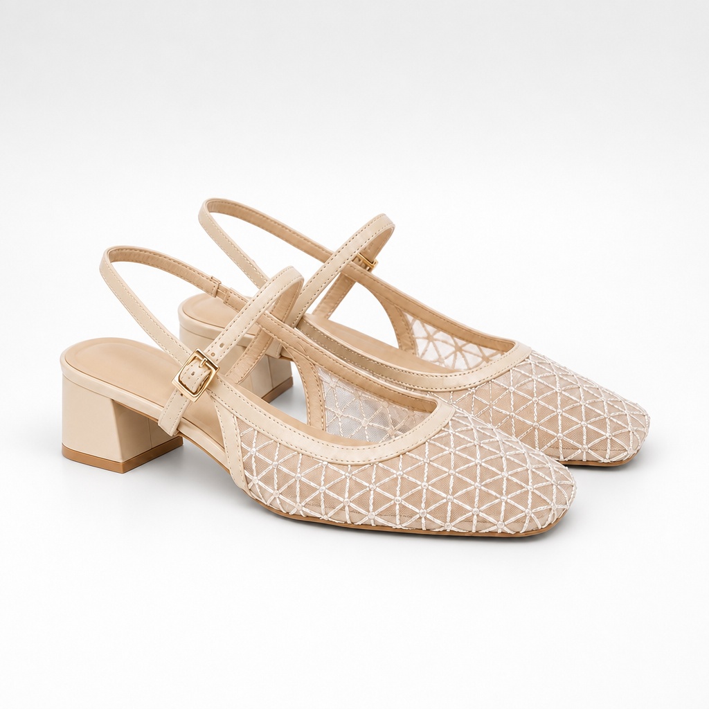 Sapatos tipo slingback de damasco transparente com biqueira quadrada visualização completa do produto