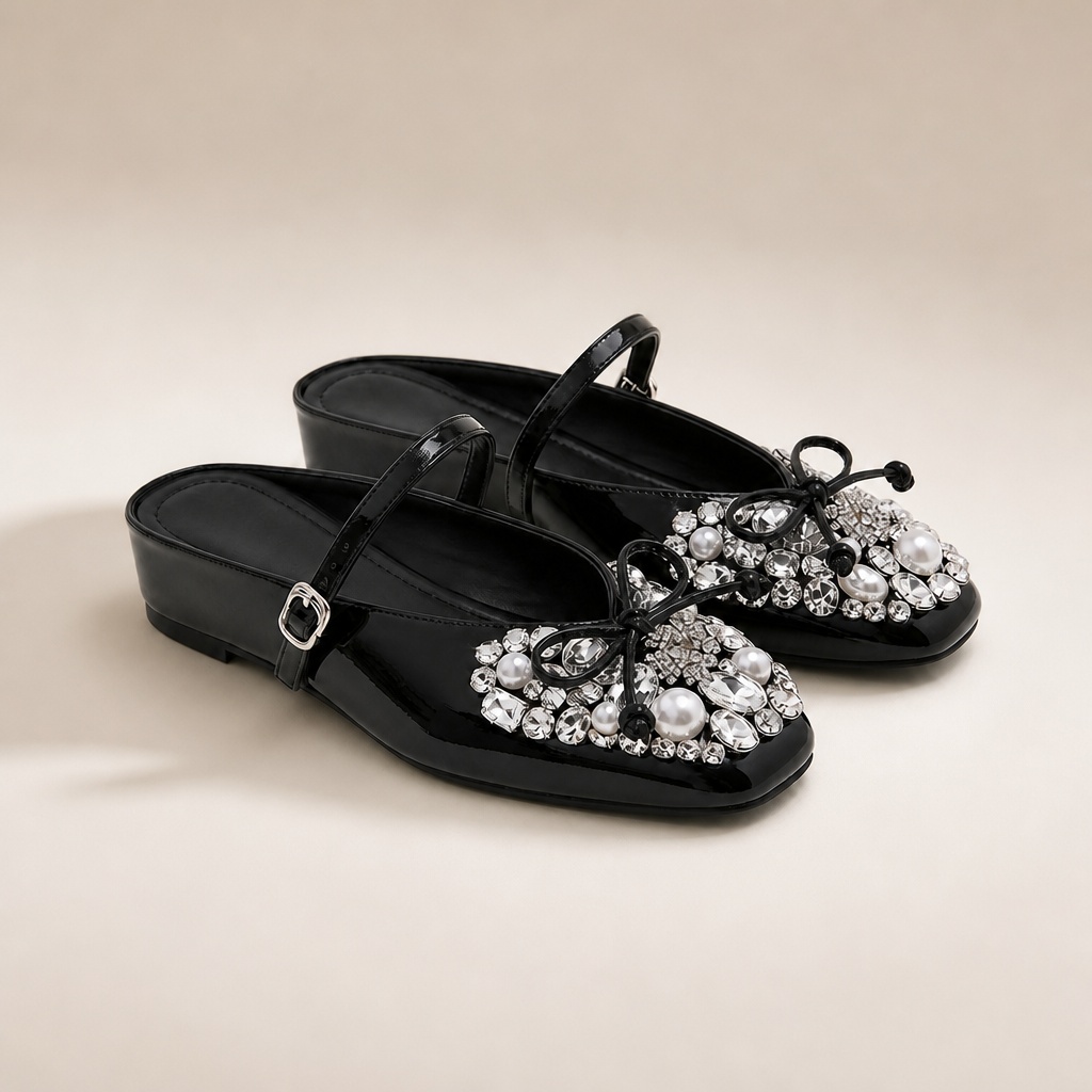 Black bow detail square toe flat sandals