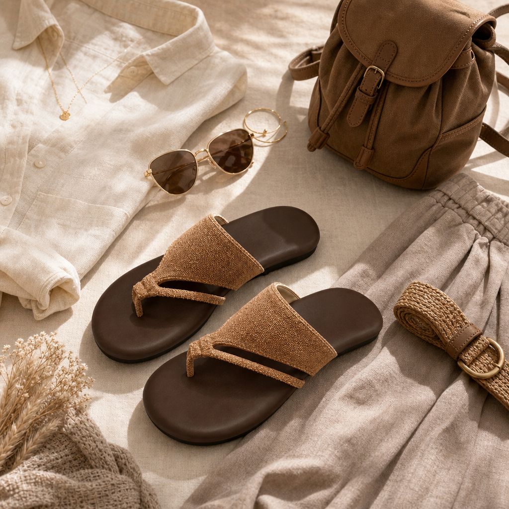 Sandalias planas color canela con accesorios de viaje