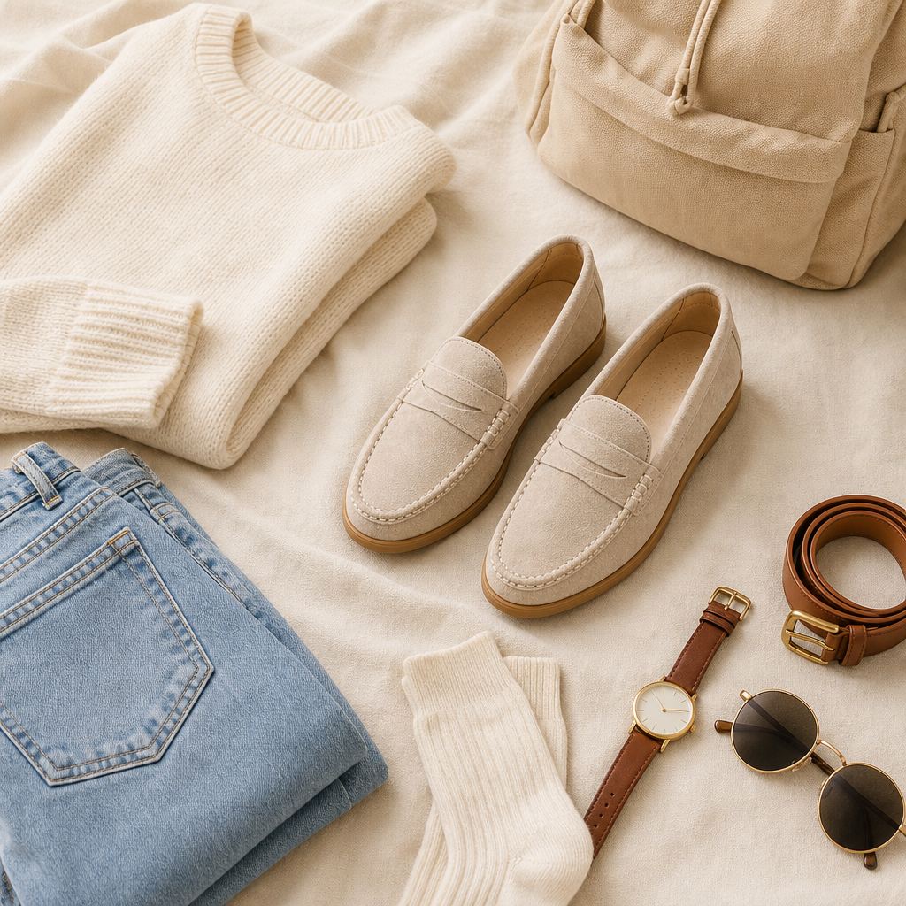 Khaki loafers arranged with casual outfit accessories
