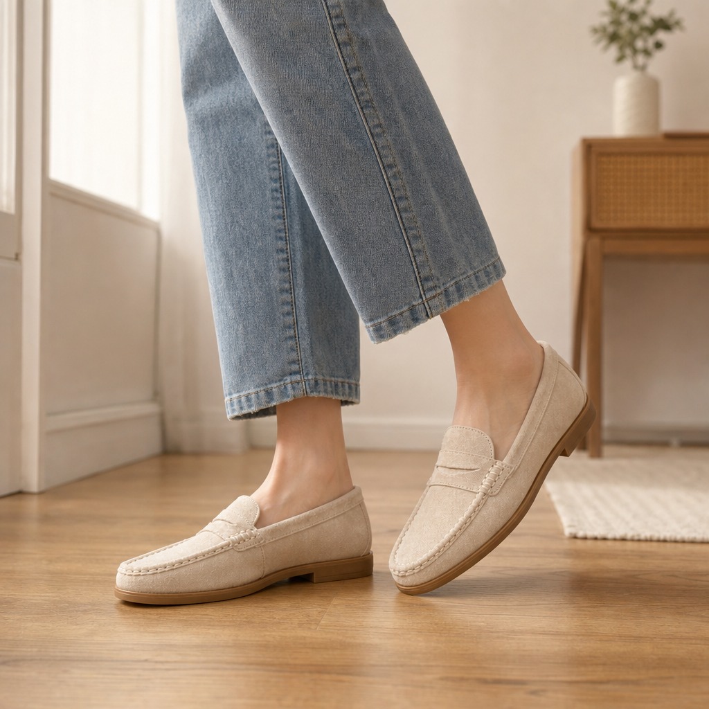 Khaki loafers worn with jeans in an indoor scene