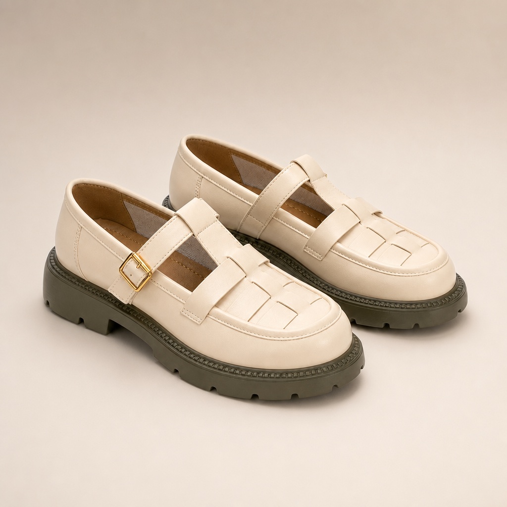 White chunky lug sole fisherman shoes on light background