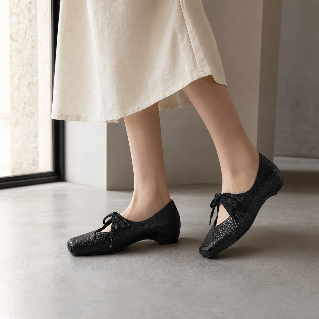Scarpe nere Mary Jane basse indossate in casa