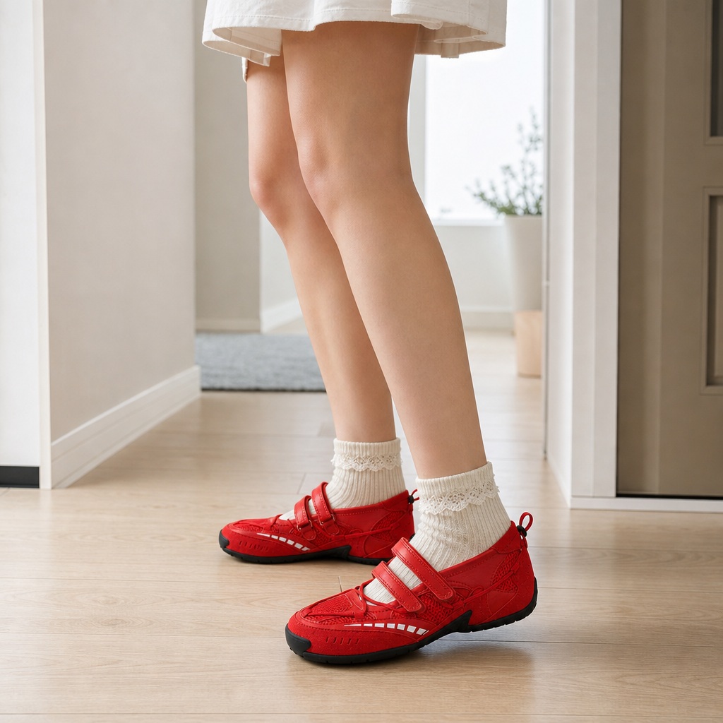 Scarpe da ginnastica Mary Jane rosse indossate in una scena di vita quotidiana al chiuso.