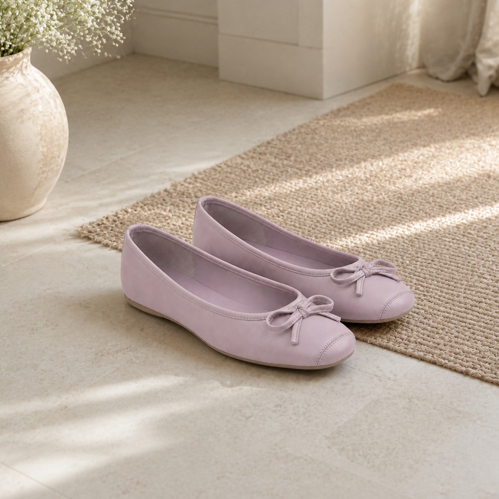 Ballerine con fiocco viola posizionate sul pavimento
