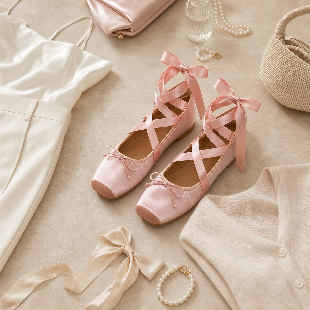 Scena flat-lay stilizzata con ballerine rosa e abbigliamento