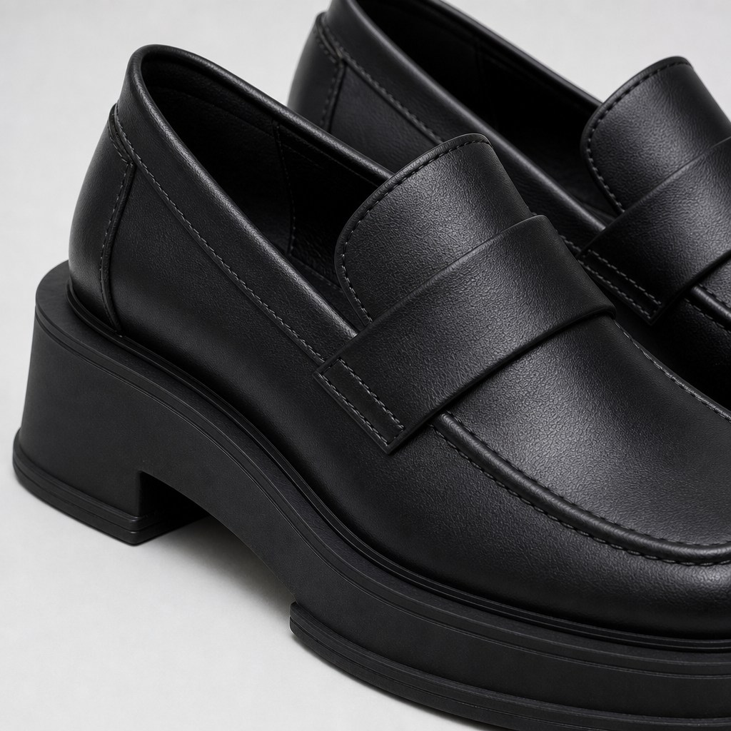 Gros plan sur la texture de la bride et de la semelle d'un mocassin noir.