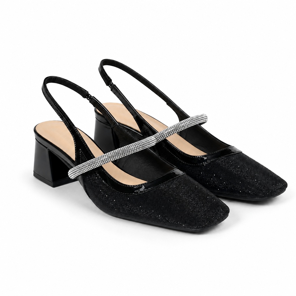 Bombas de salto bloco com tira de cristal preto