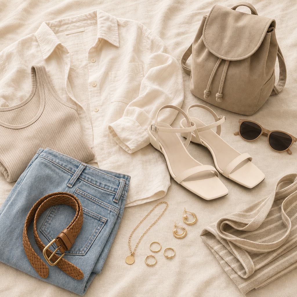 Cream sandals with coordinated warm-weather accessories