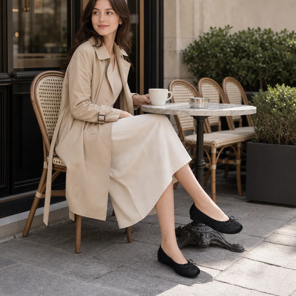 Scena di vita quotidiana in un caffè all'aperto con una modella seduta che indossa scarpe basse nere.