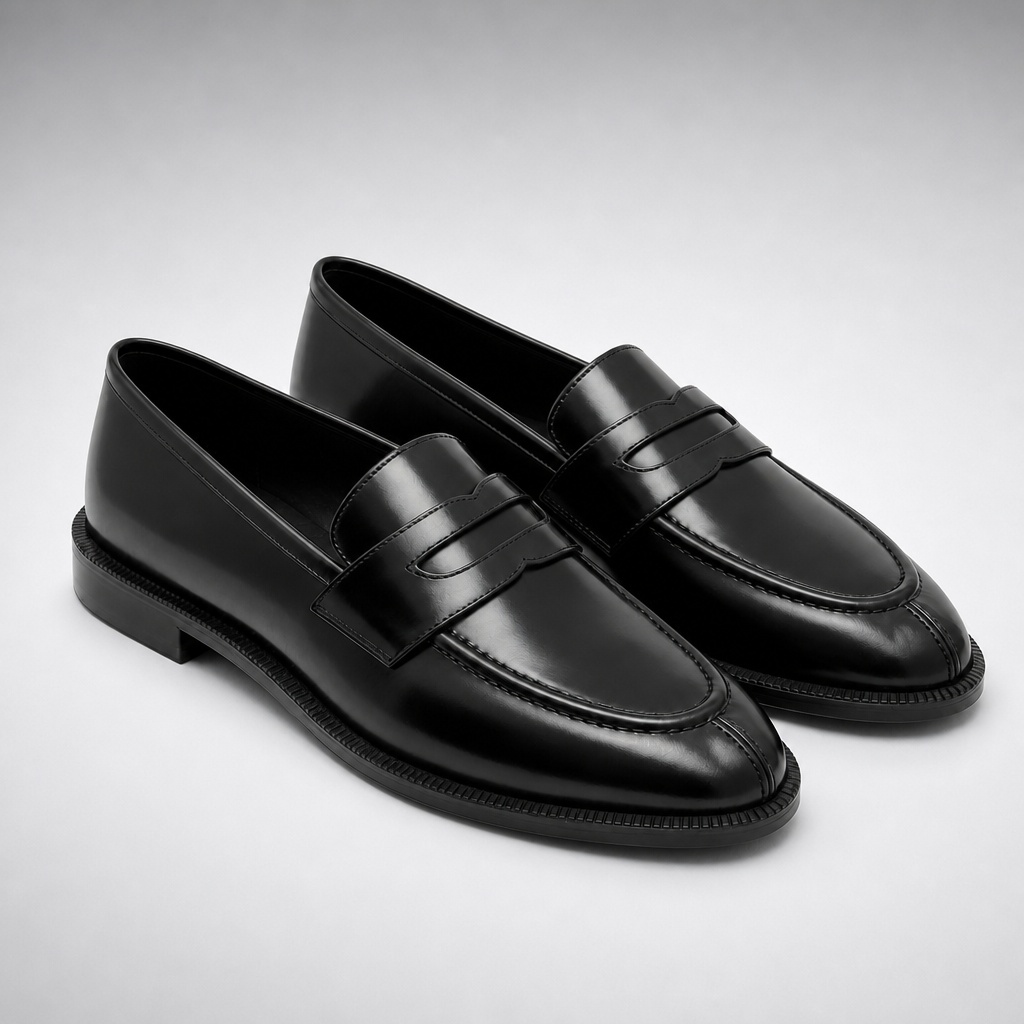 Pair of black polished metal accent loafers on a light background