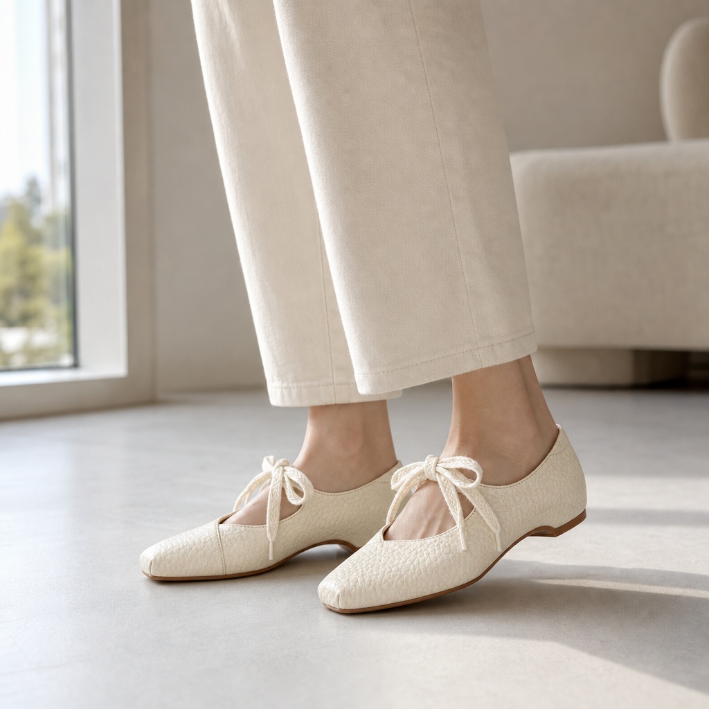 Scarpe Mary Jane basse color bianco sporco indossate in casa