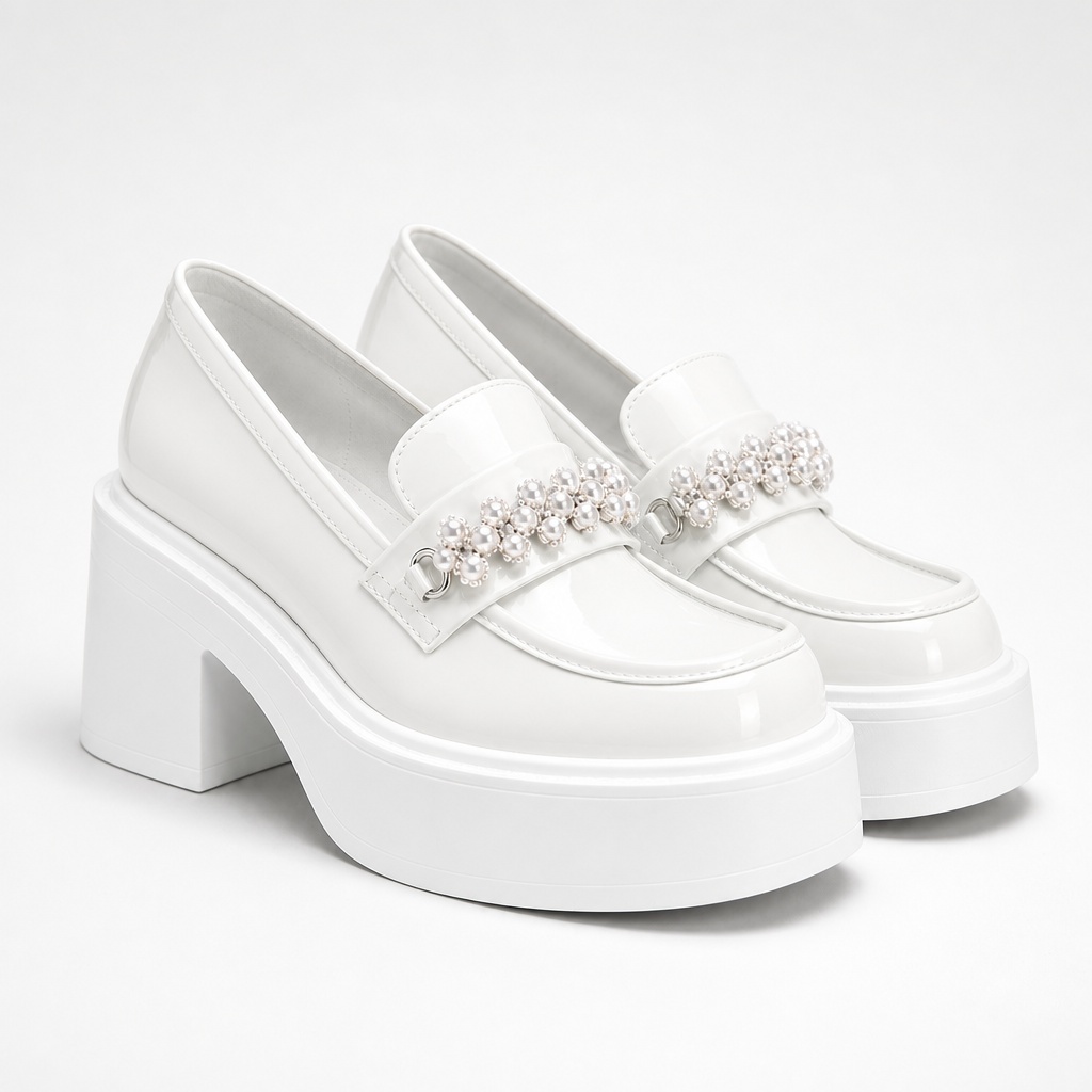 mocassins épais blancs brillants à accents nacrés