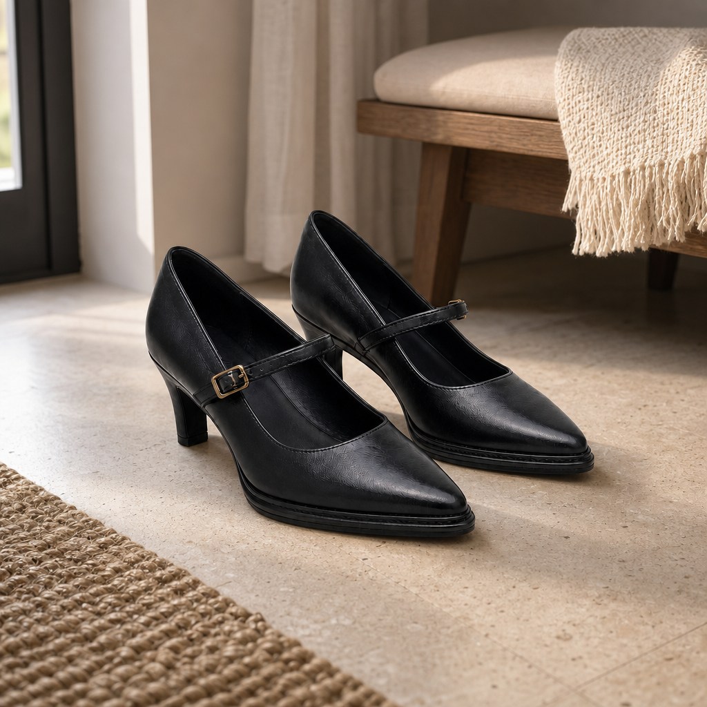 Black pointed toe Mary Jane heels displayed in an indoor lifestyle room setting