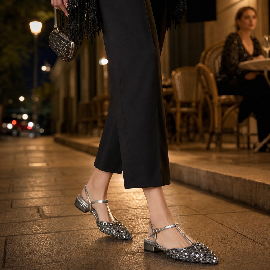 Silver sandals worn in a night street lifestyle scene