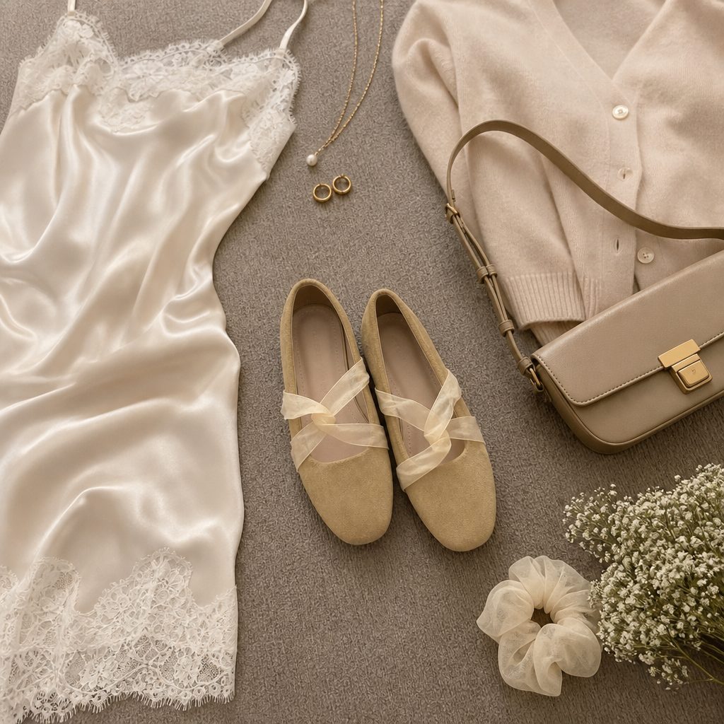 Ballerine beige con fiocco abbinate a borsa, abito in pizzo e accessori