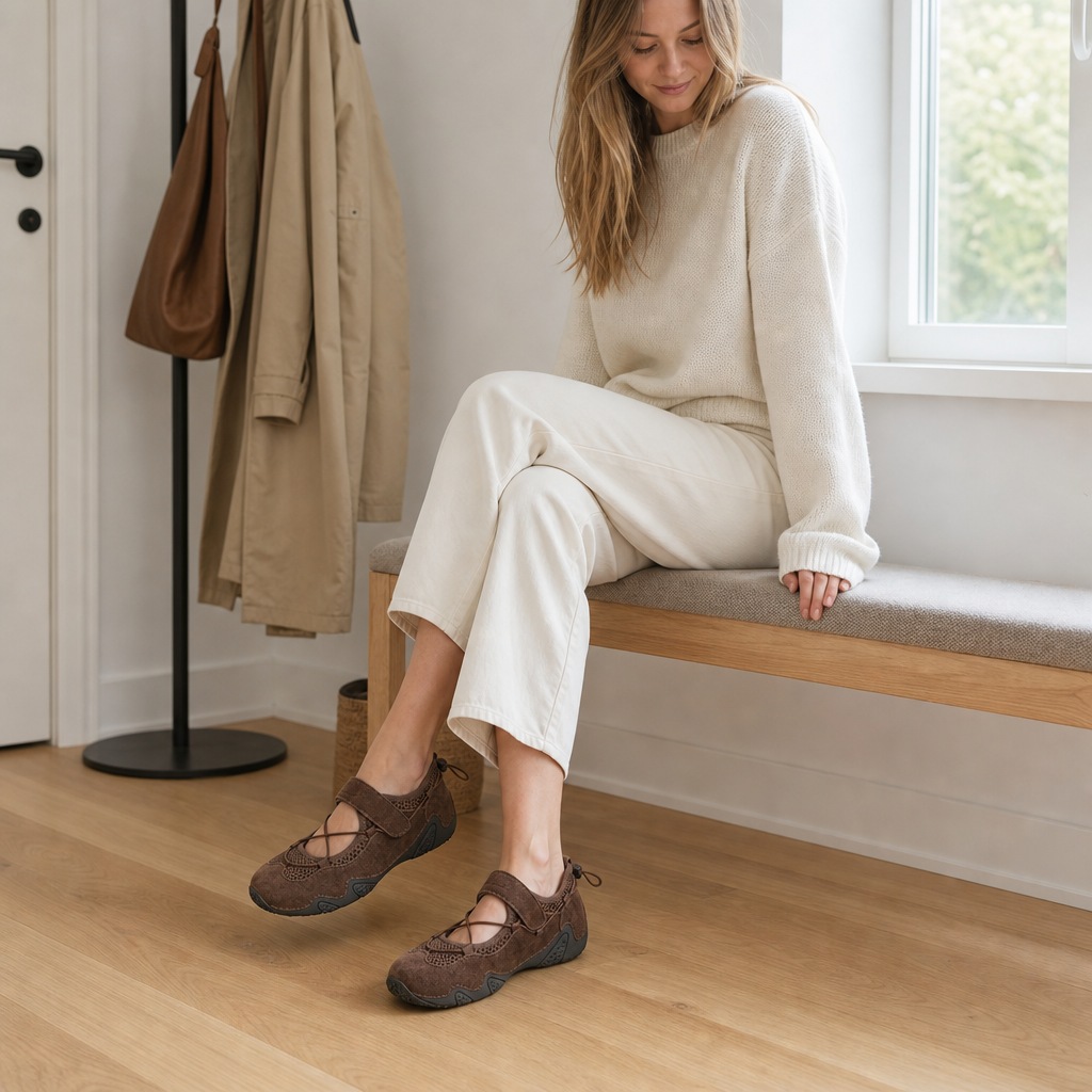 Sneakers Mary Jane marroni indossate in un outfit per il tempo libero al chiuso.