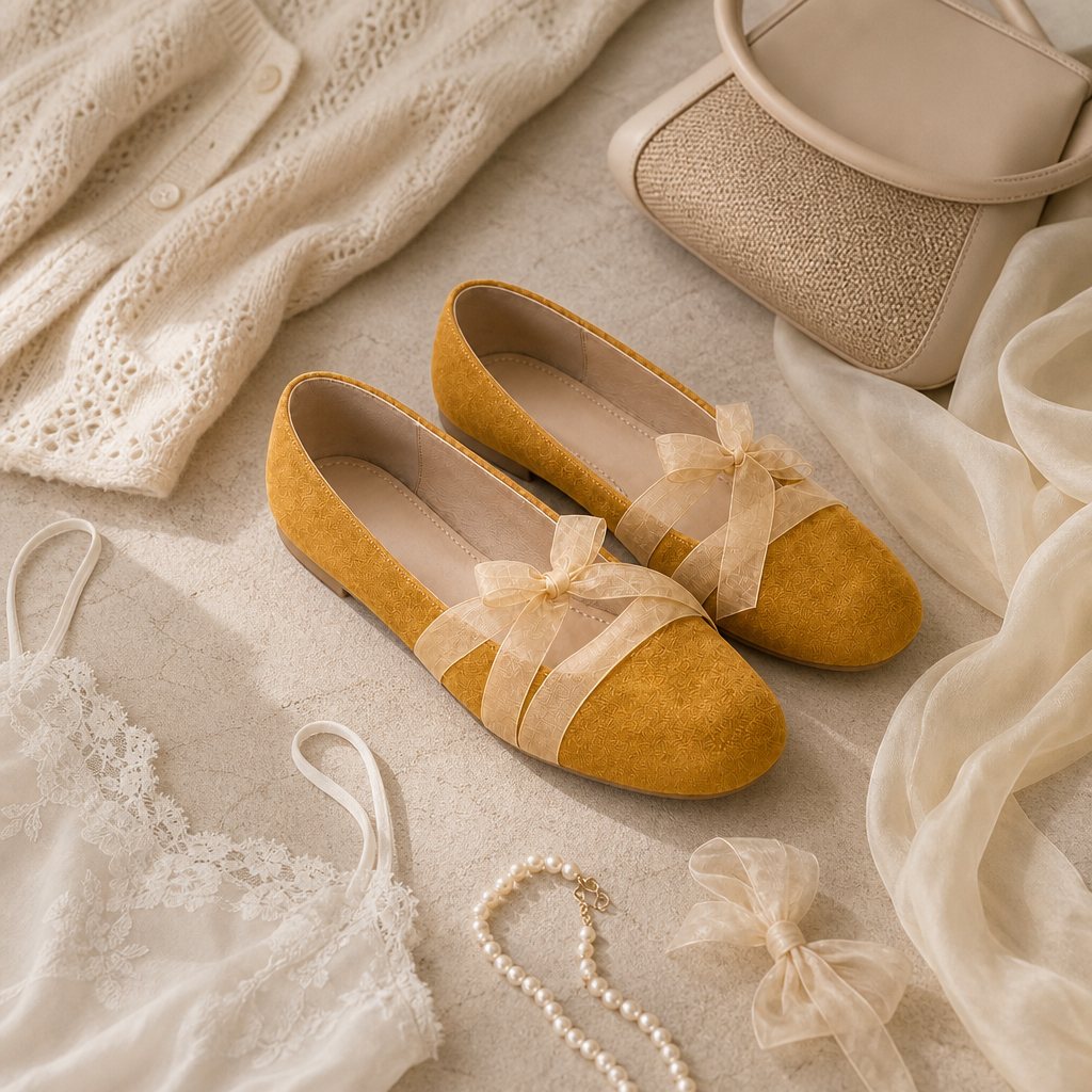 Ballerine gialle con fiocco, decorate con accessori