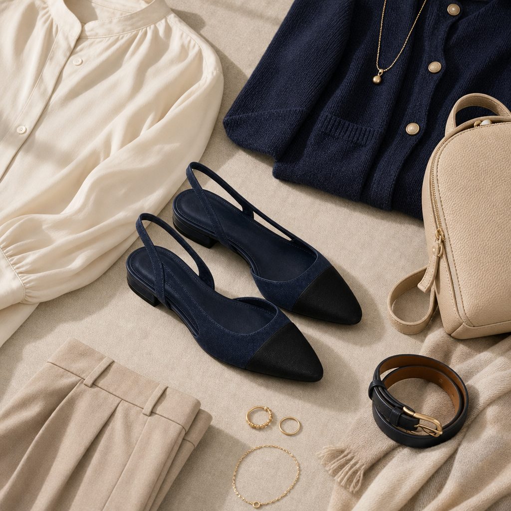 Dark color block flats styled in a flat-lay with apparel and accessories