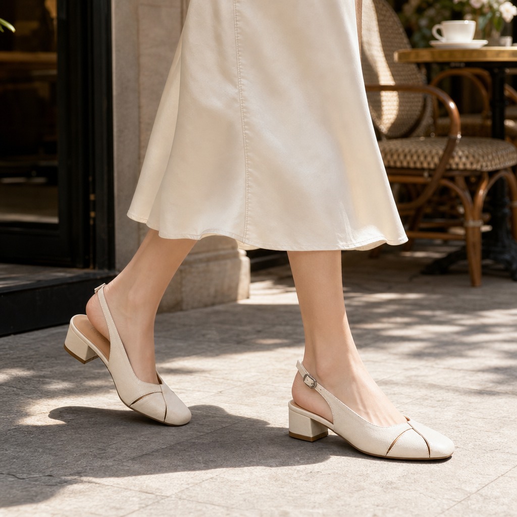 Salto tipo slingback creme usado ao ar livre com contexto de roupa