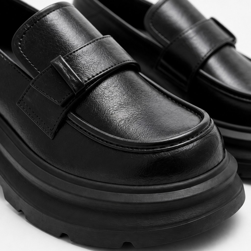 Gros plan sur la texture des coutures de la tige et de la semelle plateforme d'un mocassin noir