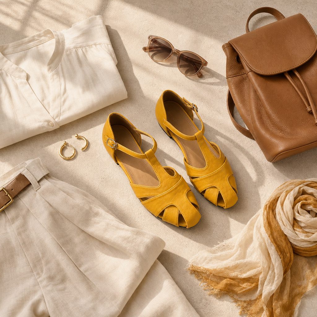 Yellow hollow-out heels styled with clothing and accessories