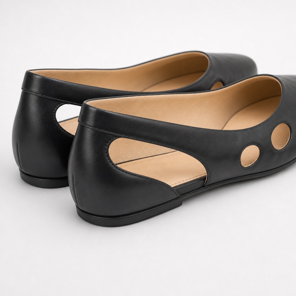 Rear and side view showing strap, heel, and cutout design